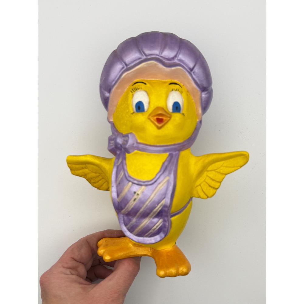 Vintage 1988‎ Hand Painted Ceramic Baby Chick Figurine Purple Bonnet Bib 8 Inch